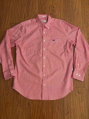 Peter Millar SMU Nanoluxe Red Gingham Button Down Shirt Mens Large Cotton LS